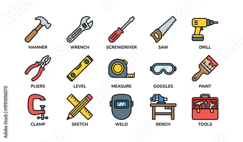 Workshop tools and hand tool icons arranged on white background