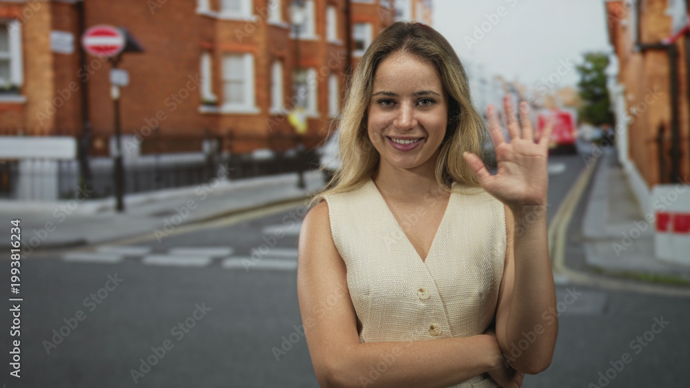 Fototapeta premium Woman waving right hand on a city street in front of brick buildings, palm visible and sleeveless beige vest worn; friendly greeting.