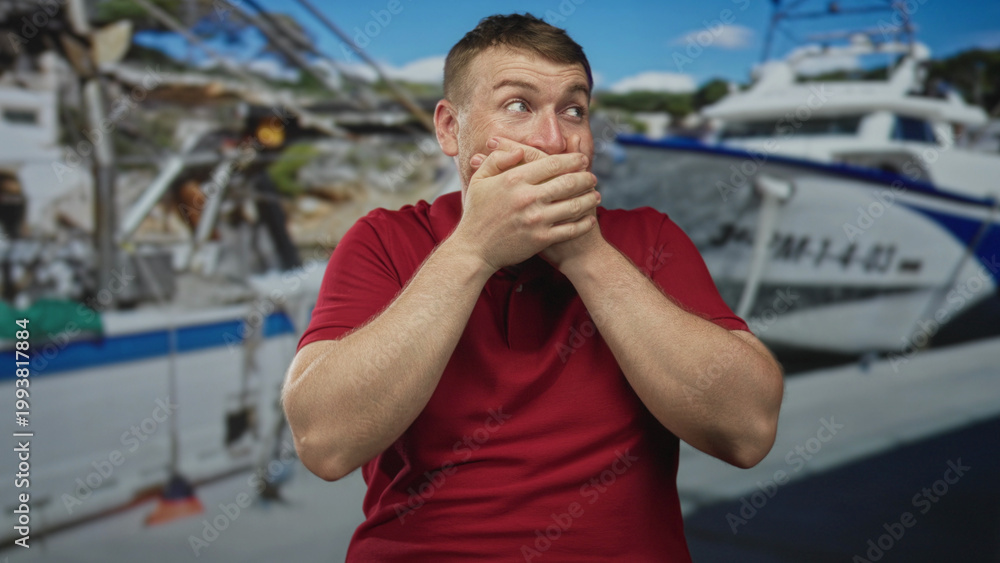 Fototapeta premium Man covers mouth with hands on a boat at a port marina, red polo shirt, wide eyes and startled pose; sudden shock.