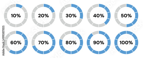 circular progress bar set blue percentage indicators 10 20 30 40 50 60 70 80 90 100 loading rings user interface dashboard infographic elements modern flat design isolated light background clean ui ux