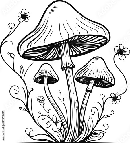 Floral mushroom line art, thick outline with decorative flower pattern, minimal clean style