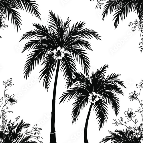 Floral palm tree line art, bold black outline with floral elements, minimal vector