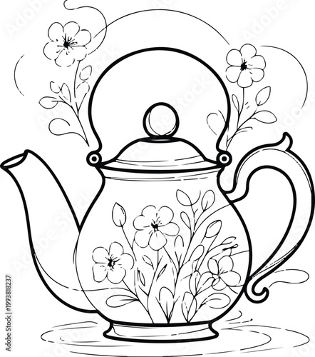 Floral teapot kettle line art, bold outline with flower accents, minimal vector 1
