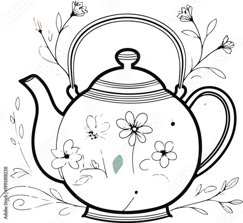  Floral teapot kettle line art, bold outline with flower accents, minimal vector