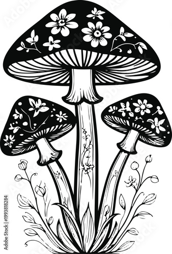 Floral mushroom line art, thick outline with decorative flower pattern, minimal clean style 1