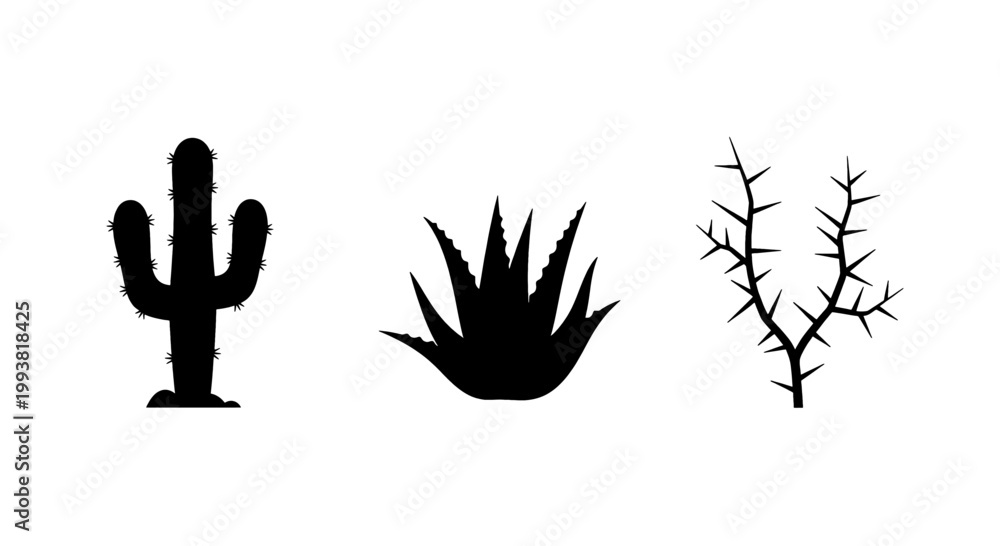 Obraz premium Silhouettes of desert plants including a saguaro cactus, agave, and thorny branches on a white background.