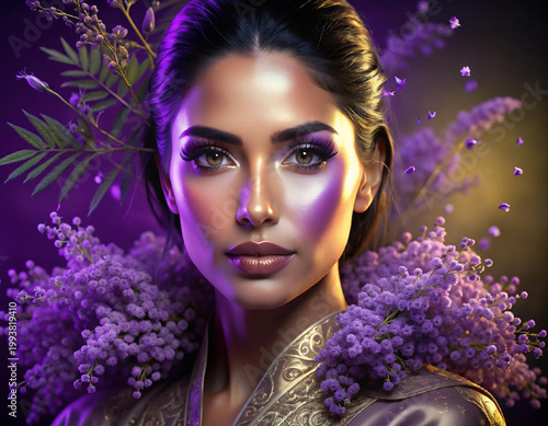 Elegant Portrait of a Woman Surrounded by Purple Flowers and Foliage.