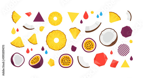 Flat Vector Illustration Set of Tropical Fruit Particles with Pineapple Slices Coconut Chunks and Passion Fruit Isolated on White Background for Exotic Branding