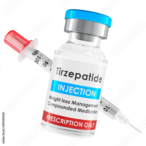 Tirzepatide injection vial with syringe for weight management. 3D rendering
