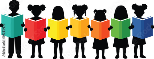 Children reading books silhouette vector, diverse group of students holding colorful textbooks, primary school education and literacy concept