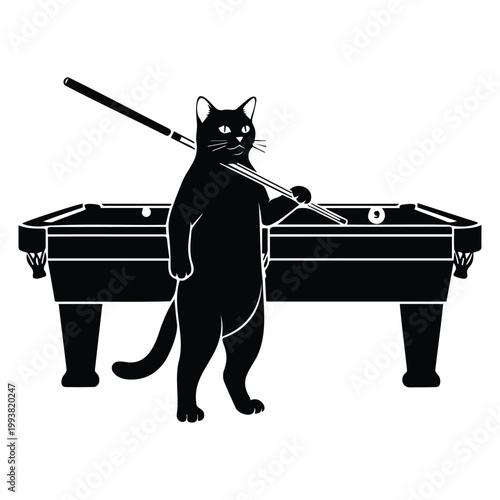Cat standing with billiard cue near pool table illustration vector.