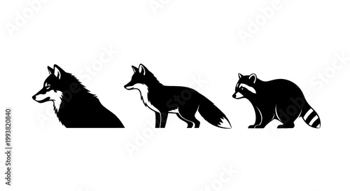 Three distinct wild animals silhouetted against a white background.