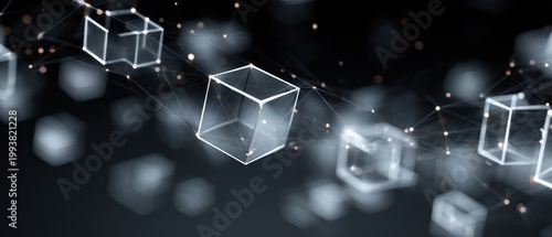 Abstract illustration of connected cubes floating in dark space with bokeh