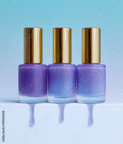 Three shimmering purple nail polish bottles with gold caps and dripping polish