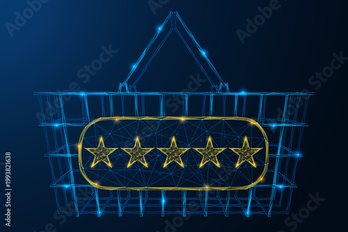 Digital product evaluation system. A shopping basket with five bright golden stars. The concept of maximum rating, product quality and high level of service. Polygonal design, blue background.