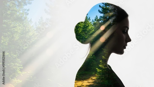 Doppia esposizione di silhouette femminile e foresta luminosa