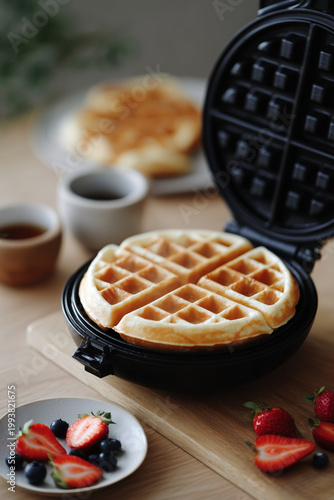 Freshly made waffle in a waffle iron with berries and coffee