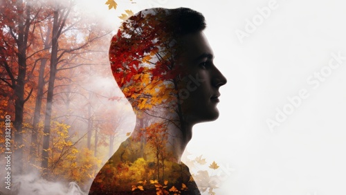 Doppia esposizione di un uomo con foresta autunnale e foglie rosse