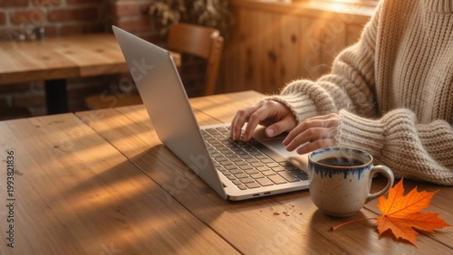 Donna che lavora al laptop in un caffè accogliente in autunno
