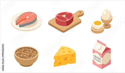 Set of isometric protein rich food icons including fish meat eggs beans and dairy