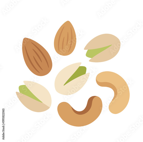 Assorted healthy nuts collection featuring almonds pistachios and cashews illustration