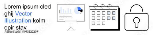 Data security, business planning, presentation , project management, scheduling, chart illustration. Features a lock, a calendar and a presentation screen with graphs. Focus on data security