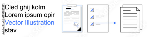 Business process, documentation, workflow, organization, productivity, task management. Papers, checkboxes connected checklist forms. Documentation and workflow management theme