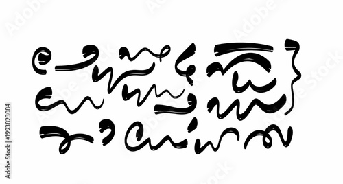 Chinese brush strokes swirl, line curve, calligraphy paint spiral elements. Hand drawn chinese ink brush paint stroke swish, swoosh wave doodles. Grunge texture abstract line. Vector illustration