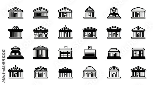 Set of various government, bank, and classical building line icons. Outline architecture symbols for finance, justice, and history.