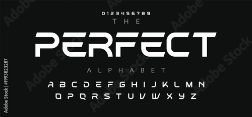 PERFECT Tech font, digital modern alphabet, uppercase Latin letters from A to Z and Arab numbers from 0 to 9 for you designs, vector illustration 10EPS
