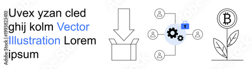 Blockchain technology, data sharing, digital economy, decentralized systems, secure connections, and cryptocurrency investments. Icons include blockchain growth, data security, and resource sharing