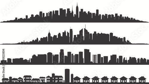 Four horizontal black city skylines and suburban houses silhouettes on white background architecture