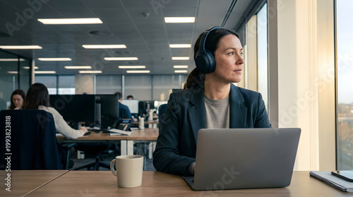 Professional in Corporate Office with Noise-Canceling Headphones