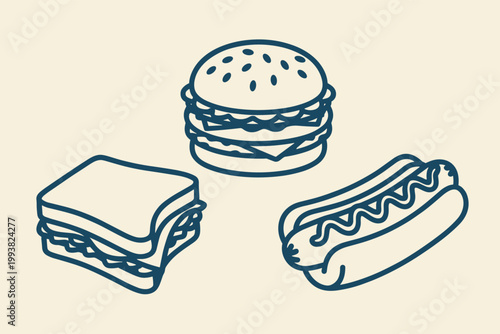 Three simple line food hamburger sandwich hot dog on beige background line outline