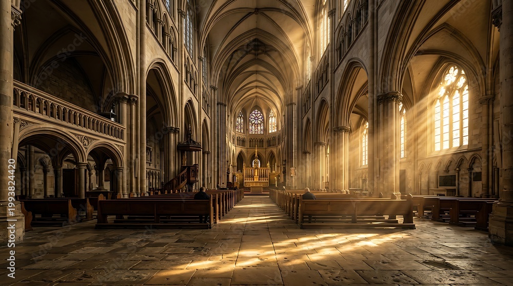 Obraz premium Ancient Gothic Cathedral Interior with Divine Light Beams