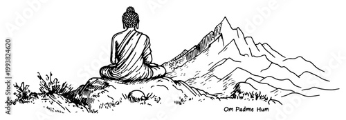 Buddha meditating on a rock with Himalayan mountains background in hand drawn sketch style