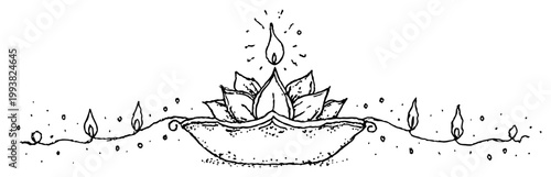Diwali diya lamp shaped like a lotus with decorative oil lamps in hand drawn sketch style