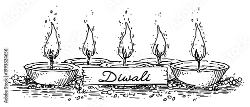 Diwali oil lamps burning on festival of lights with decorative banner vintage engraving style