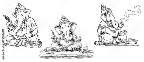 Lord Ganesha set in different sitting poses with writing feather and incense in hand drawn sketch style
