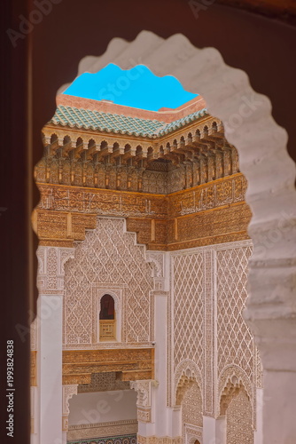 Second floor window of a dormitory room on the Ben Youssef Madrasa courtyard SE corner amidst lavish stucco and wood decoration. Marrakesh-Morocco-309