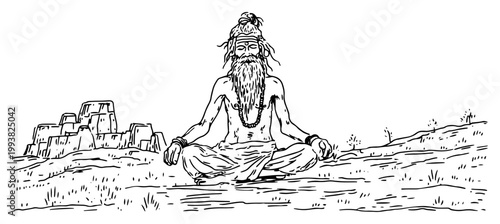 Sadhu meditating in lotus pose on a hill in vintage engraving style