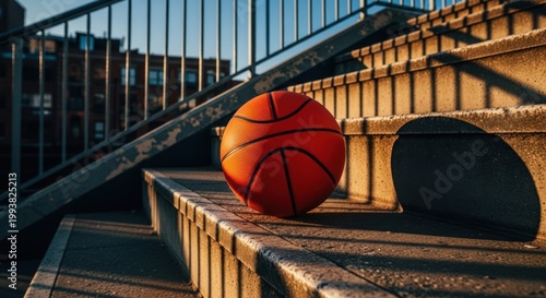 Basketball Resting on Outdoor Stairs in Warm Sunlight.
