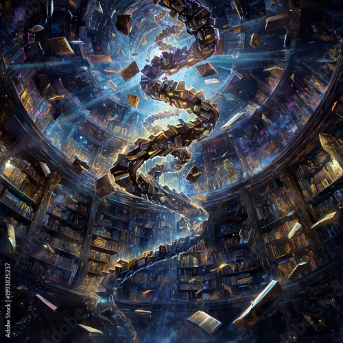 Helix of Books and Wisdom — A Cosmic Archive Reaching Toward the Sky