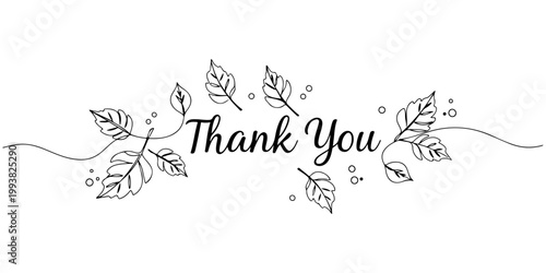 A continuous single line drawing of decorative leaves and the words "Thank You". Perfect for greeting cards or posters. vector illustration.
