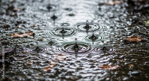 Close up of raindrops creating ripples on a wet surface.