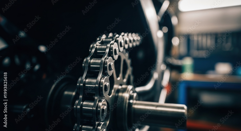Naklejka premium Close-up of a Motorcycle Chain and Sprocket in a Workshop.