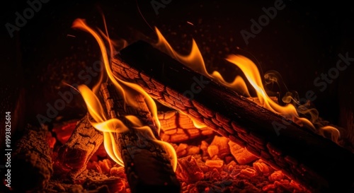 Close-up of a Vibrant Bonfire with Glowing Embers and Dancing Flames.