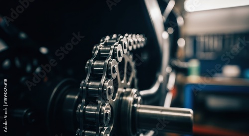 Close-up of a Motorcycle Chain and Sprocket in a Workshop.