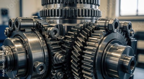 Close-up of intricate industrial gearbox with multiple gears and bearings.
