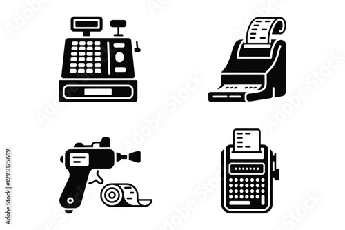 Retail and point of sale equipment icons: cash register price gun credit card
